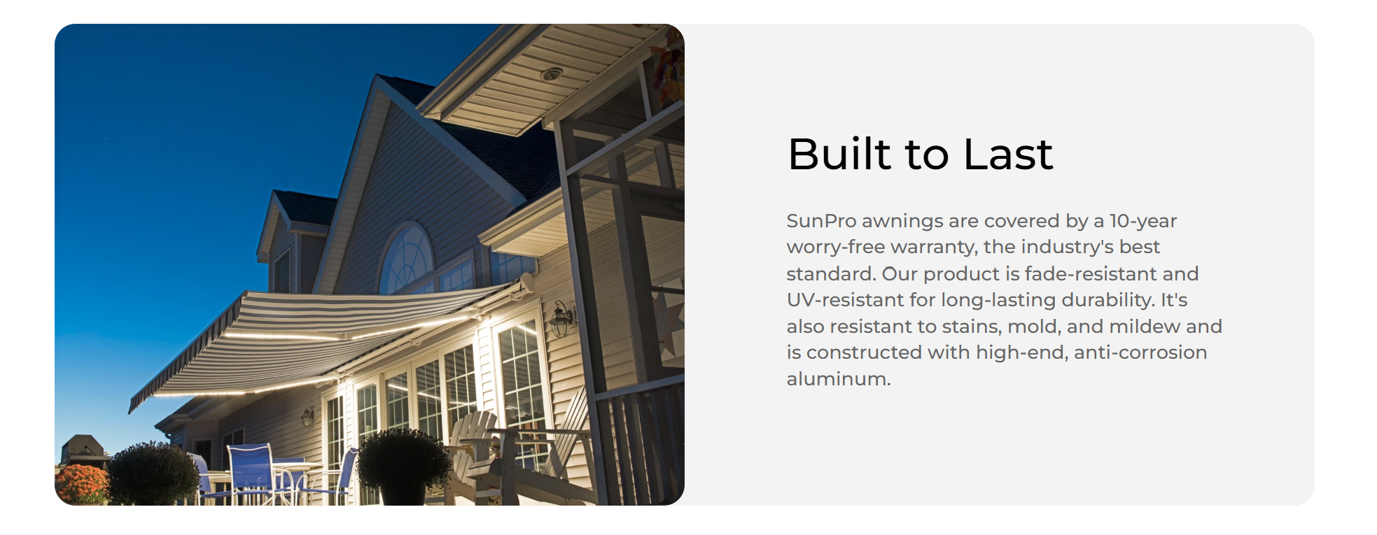 SunPro motorized retractable awnings with integrated LED lights shading a residential patio