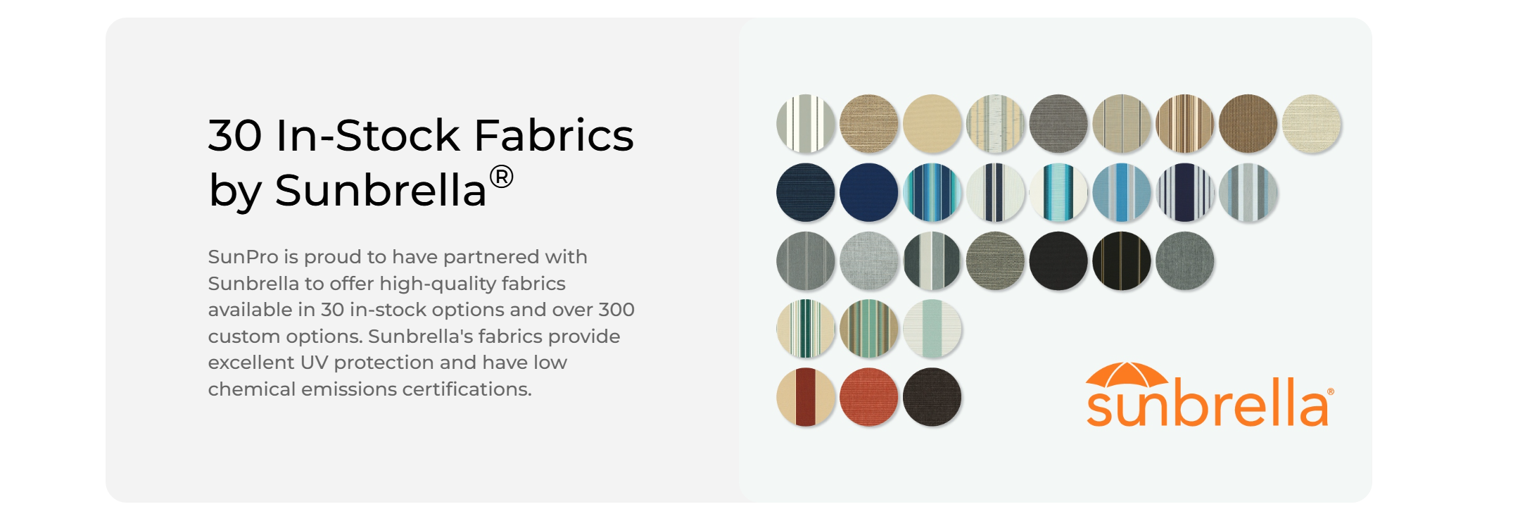 Selection of Sunbrella fabric colors and striped patterns for SunPro awnings