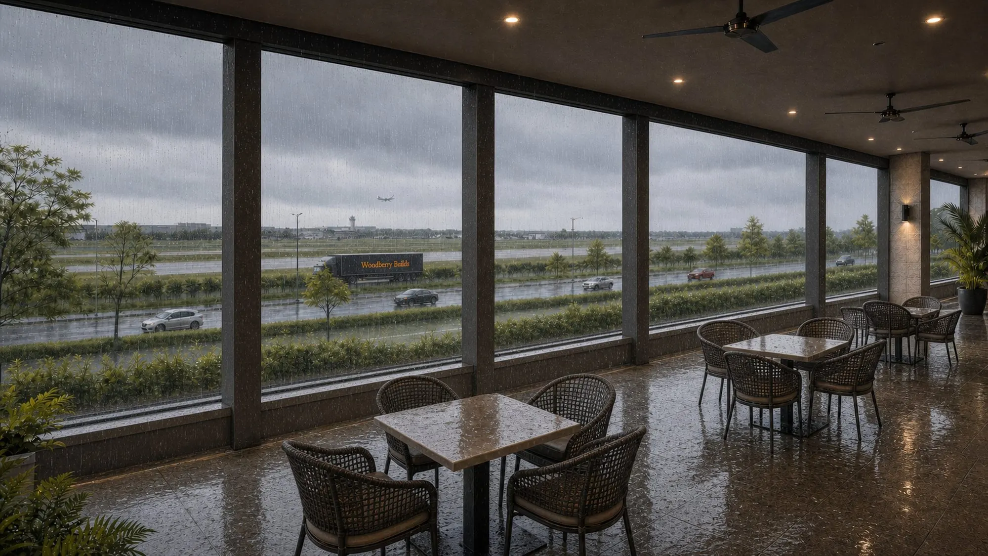 Commercial patio shade system open for outdoor seating before weather protection is lowered