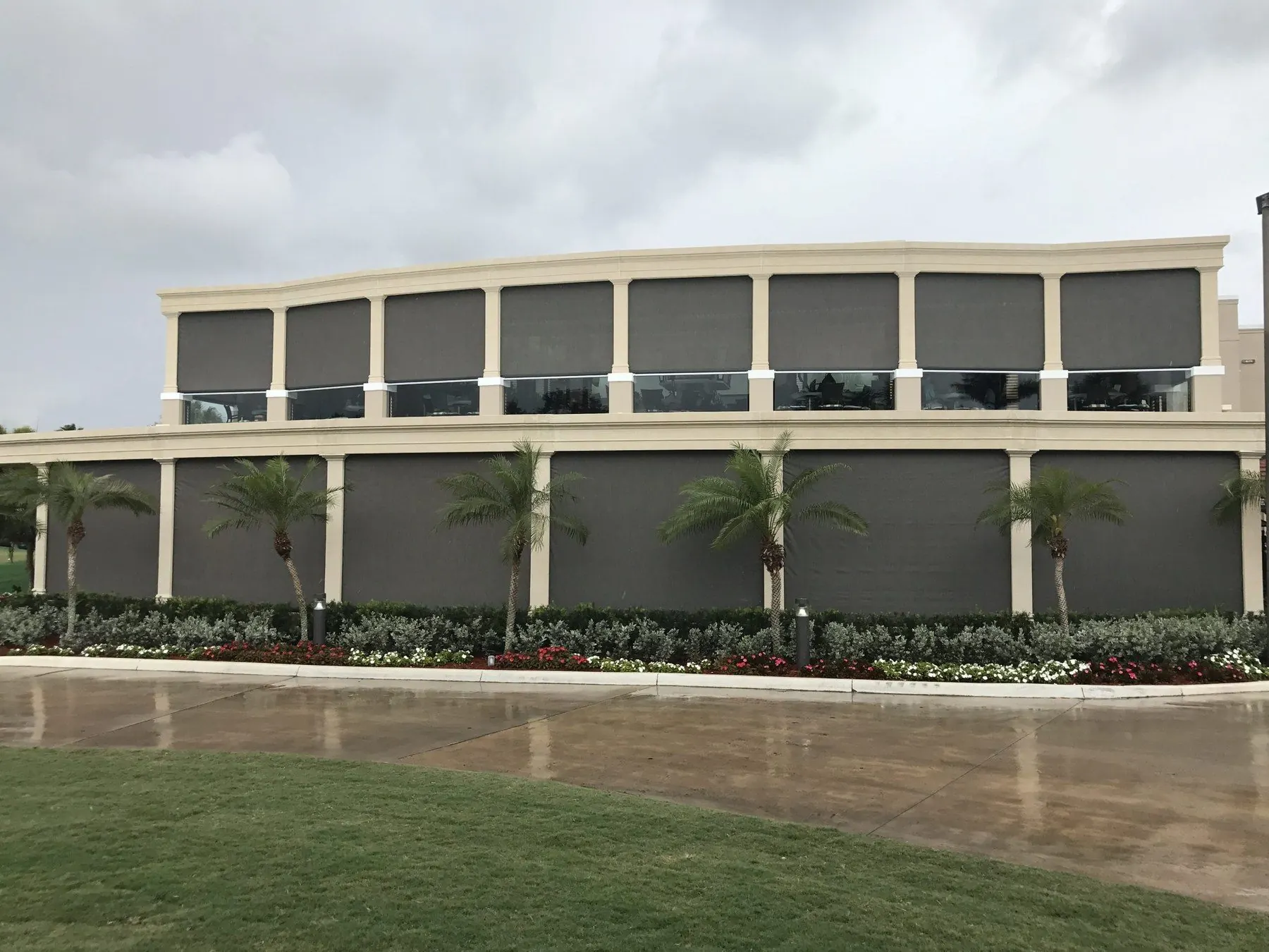 Commercial patio shade system on a large outdoor hospitality opening