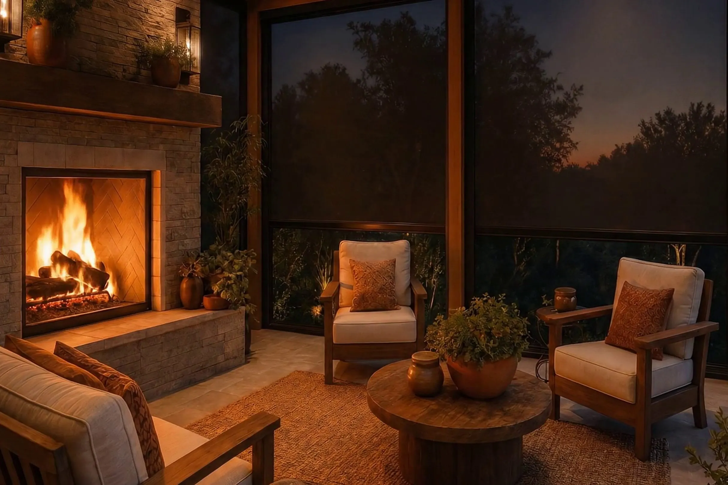 Cozy enclosed patio at dusk with motorized screens fully lowered, fireplace glowing