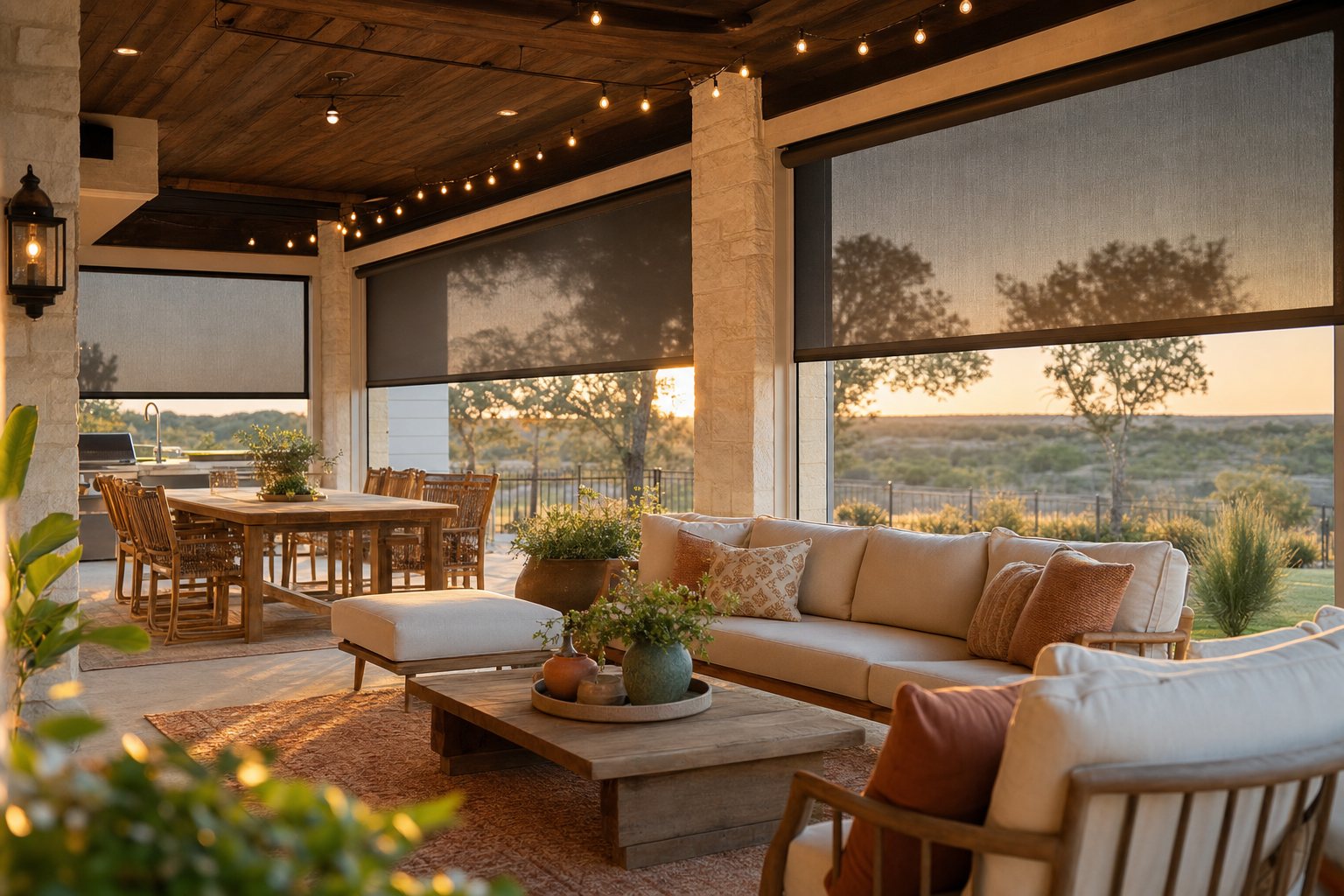 Covered Lubbock patio with MagnaTrack motorized patio shades lowered at golden hour